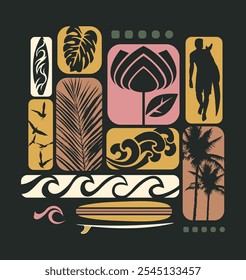 Graphic style illustration of surfing, tropics, sea and summer elements.