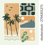 Graphic style illustration of tropical elements and the city of Rio de Janeiro, Brazil.