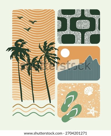 Graphic style illustration of tropical elements and the city of Rio de Janeiro, Brazil.