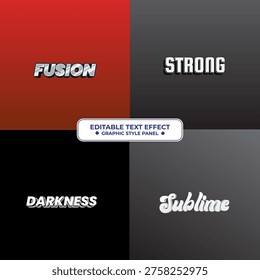 A graphic style panel featuring four distinct editable text effects: Fusion, Strong, Darkness, and Sublime, designed for versatile design applications.