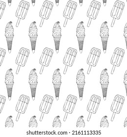 Graphic style pattern. hand-drawn drawing. ice cream in a cone and on a stick. pattern on white background. black and white graphics