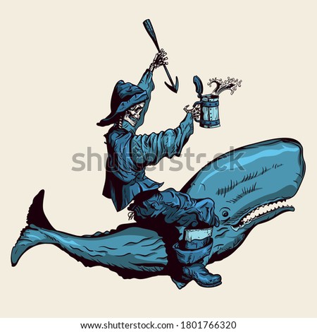 Graphic stylization. Cheerful skeleton of a whaler riding a sperm whale. With a harpoon and a mug of rum in his hands.