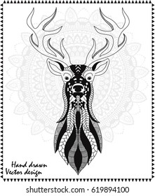 Graphic stylization deer ornamental head over ethnic mandala ornament. Vintage decorative elements for your design. Isolated objects.Oriental pattern