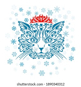 Graphic stylized cat queen face. cat with crown. Vector illustration
