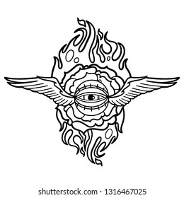 Graphic stylized flaming flower with winged all-seeing eye. Vector art for old school tattoo design isolated on white background. Coloring book page for adults and kids