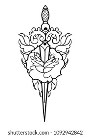 Graphic stylized flower pierced by the knife. Vector art for old school tattoo design isolated on white background. Coloring book page for adults and kids