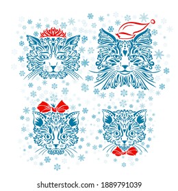 Graphic stylized kitten face. Kitty with a bow. Family of cats. T-shirt print. Family look. Vector illustration