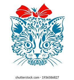 Graphic stylized kitten face. Kitty with a bow. Vector illustration