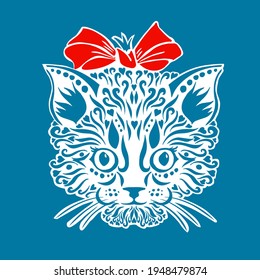 Graphic stylized kitten face. Kitty with a bow. Vector illustration