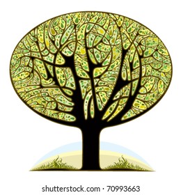 Graphic stylized tree icon with colorful leaves and curly branches. Vector nature symbol.