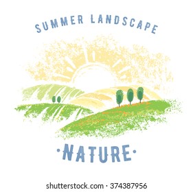 Graphic summer landscape with inscription, graphical elements for design project.