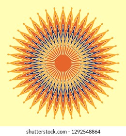 graphic sun with concentric spikes rings in orange ivory shades
