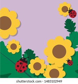 Graphic of sunflowers and bugs to use for template design such as card, poster, banner, web etc. - Vector.
