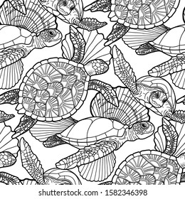 Graphic swimming turtles. Sea and ocean repeated seamless pattern. Coloring book page design