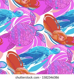 Graphic swimming turtles in vibrant colors. Sea and ocean repeated seamless pattern.