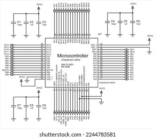 Graphic symbol of central processor on the diagram.
Schematic diagram of electronic device. 
Vector drawing electrical circuit with microcontroller, 
capacitor, ground and power symbols