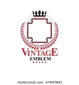 Graphic symbol composed with royal crown element and laurel wreath. Heraldic Coat of Arms decorative logo isolated vector illustration.