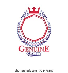 Graphic symbol composed with royal crown element and laurel wreath. Heraldic Coat of Arms decorative logo isolated vector illustration.