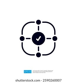 A graphic symbol depicting a central checkmark surrounded by nodes, suggesting connectivity, verification, or approval in a structured layout.