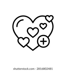 Graphic symbol depicting large heart shape containing smaller hearts and plus sign icon. Suitable for UI web interface elements, favorite features, social media engagement, love reactions, healthcare app functionality, or user profile settings. Vector linear illustration style.