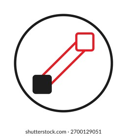 Um símbolo gráfico que exibe uma ligação geométrica entre dois quadrados, um preto e um contornado em vermelho, unidos por uma linha vermelha, todos contidos dentro de um círculo preto limpo sobre um fundo branco. É