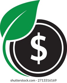 Ein grafisches Symbol mit einem grünen Blatt, das sich um eine schwarze Münze mit einem weißen Dollarzeichen windet.