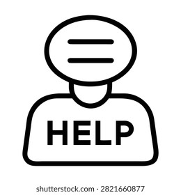 Graphic symbol of human figure and callout bubble with help label for customer service assistance.