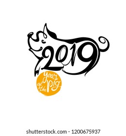 Graphic symbol Pig 2019. Yellow round stamp with the inscription Year of the Pig. New Year's design. Vector template.