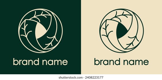 Graphic symbol with simple linear leaves in a circle. Laconic design element with a natural, ecological motif. Botanical sign for logo design, icons in modern style. Vector illustration.