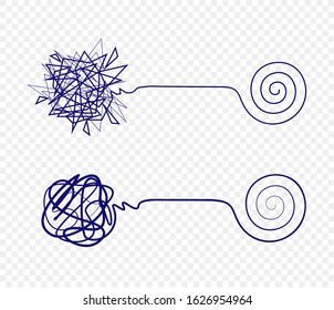 Graphic symbol for solving a complex problem. Simplifying complex task, element for presentation. Transforming into smooth spiral from tangled tangle, vector illustration on transparent background