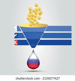 Graphic symbols in shape of funnel infographic and a Drop of Russian oil. Flag of Russia in shape of drop of oil. Russian oil reserves. Crude Oil - petroleum crisis concept. vector illustration