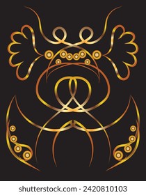 Graphic symmetrical fantasy ornament with swirls, concentric circles.  Gold gradient on a black background for printing on fabric, applique and cards.