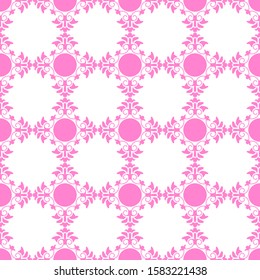 Graphic symmetrical openwork pattern in white and pink color. Delicate festive pattern for different surfaces.