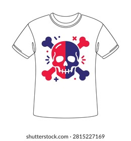 Graphic t shirt design featuring a dual colored skull and crossbones