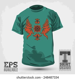 Graphic T- shirt design - lack Abstract Luxurious heraldic design - shirt graphic design with stitches and rivets - vector illustration.