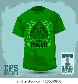 Graphic T- shirt design - Poker Spade emblem - silkscreen - Vector illustration