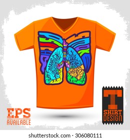 Graphic T- shirt design, Psycho Smoke - vector illustration with lungs, crazy psychedelic retro style - shirt print