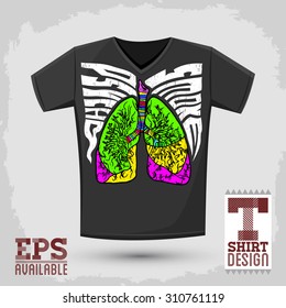 Graphic T- shirt design, Psycho Smoke - vector illustration with lungs, crazy psychedelic retro style - shirt print