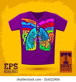 Graphic T- shirt design, Psycho Smoke - vector illustration with lungs, crazy psychedelic retro style - shirt print