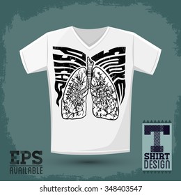 Graphic T- shirt design, Psycho Smoke - vector illustration with lungs, crazy monochrome  retro style - shirt print