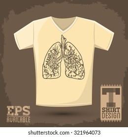 Graphic T- shirt design, vector illustration with lungs, conceptual shirt print