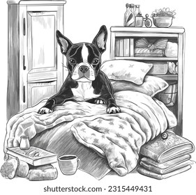 Graphic t shirt vector of Boston terrier dog in the bed , Tshirt design