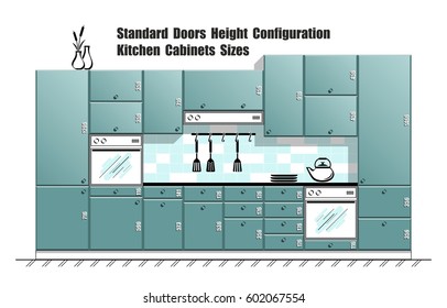 Graphic table with standard door sizes, kitchen cabinets planner
