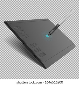 graphic tablet in black with a pen on a transparent background. Isolated vector illustration