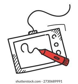 Vector gráfico del icono del doodle de la tableta aislado. Ilustración dibujada a mano de un equipo de diseñador gráfico. Concepto de dibujo digital. Dibujo del lápiz en la pantalla de la tableta.