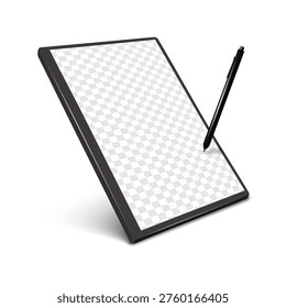 Graphic tablet. Drawing, writing pad with pen. Realistic 3d vector mockup. Digital notebook blank empty transparent screen. Mock-up. E-Book, e-Ink notepad display. Template for design
