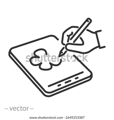 graphic tablet icon, drawing hand with pen, creation artwork concept, designer painting tools, thin line symbol on white background - editable stroke vector illustration eps10