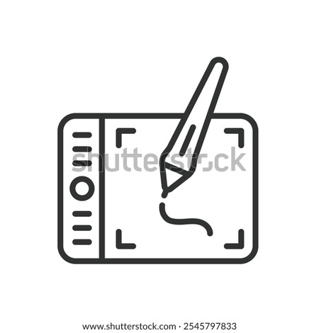 Graphic tablet, icon in line design. Graphic, tablet, digital, drawing, pen, stylus, screen on white background vector. Graphic tablet editable stroke icon