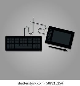 Graphic tablet and keyboard with wire cable. Flat vector illustration.