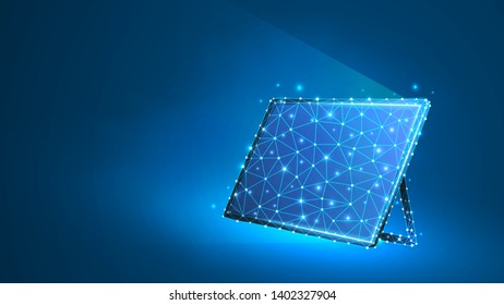 Graphic Tablet, Laptop, notebook composed of polygons. Devices, touchpad concept. Abstract, digital, wireframe, low poly mesh, vector blue neon 3d illustration. Triangles, lines, dots
